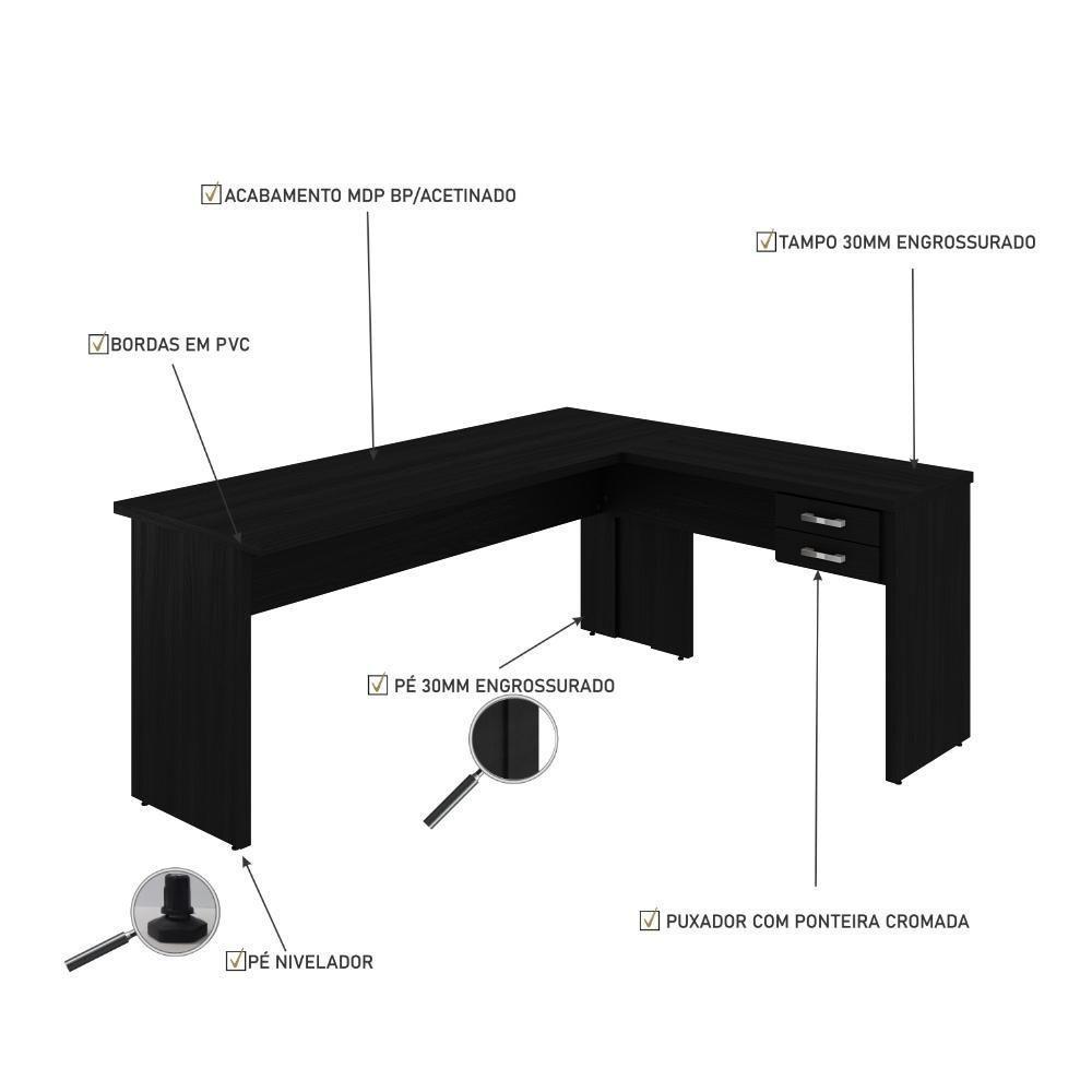 Mesa Para Escritório Em L 1,80x1,60m Tampo E Pés 30mm Com Gaveta Preto Ônix - 5