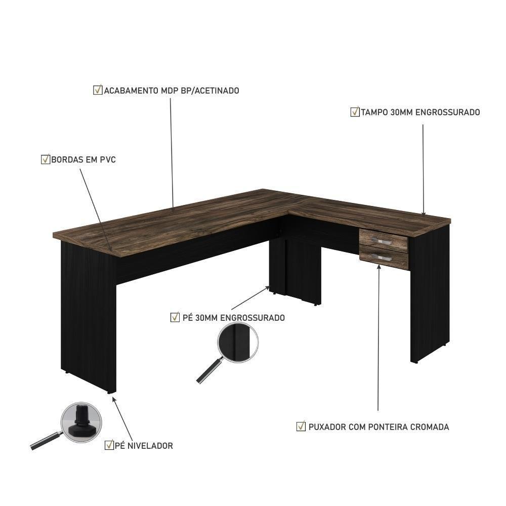 Mesa Para Escritório Em L 1,80x1,60m Tampo E Pés 30mm Com Gaveta Carvalho Dark Compreto Ônix - 5
