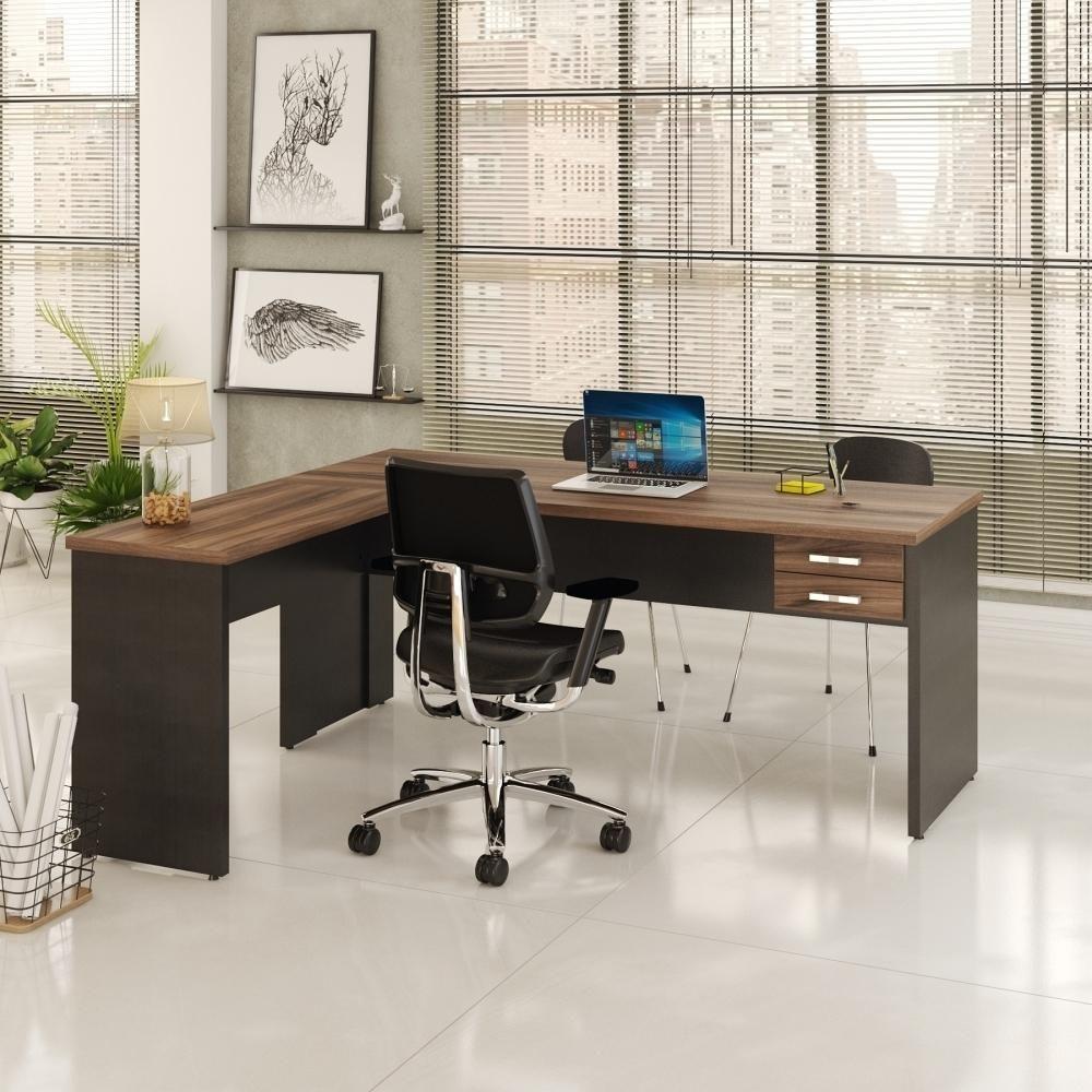 Mesa Para Escritório Em L 1,80x1,60m Tampo E Pés 30mm Com Gaveta Nogal Compreto Ônix - 1