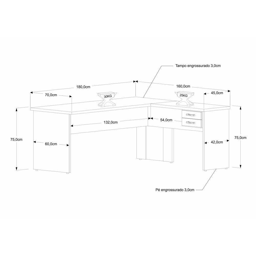 Mesa Para Escritório Em L 1,80x1,60m Tampo E Pés 30mm Com Gaveta Nogal Compreto Ônix - 6