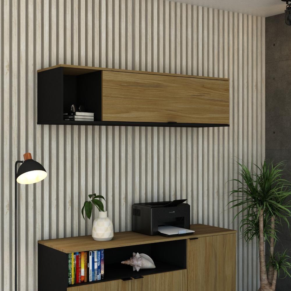 Armário Aéreo Com Nicho E Porta Basculante 35x135x35cm Wlnp135 Preto Tx Com Vermont Oak Preto - 2