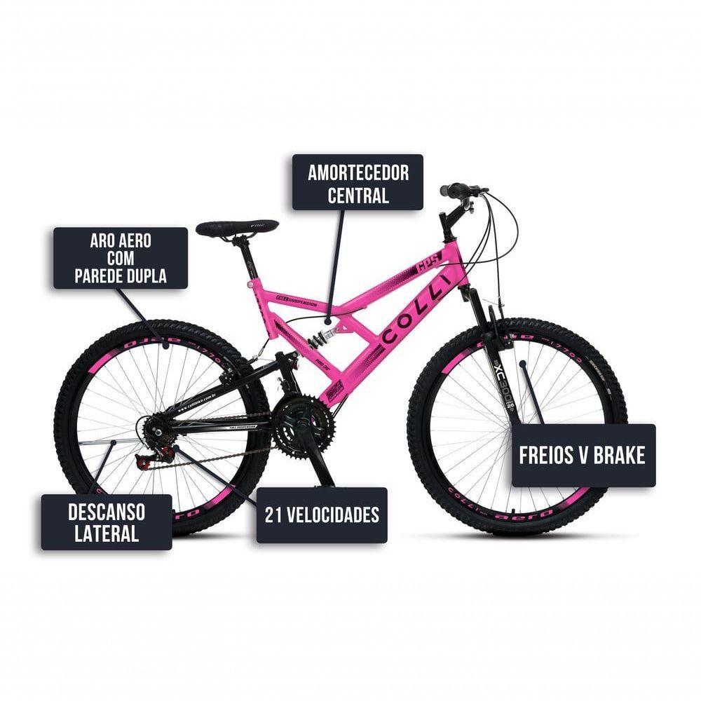 Bicicleta Gps 148 Dupla Suspensão E Freios V-brake, Aro 26 Aero, 36 Raias, 21 Marchas Colli Rosa - 5