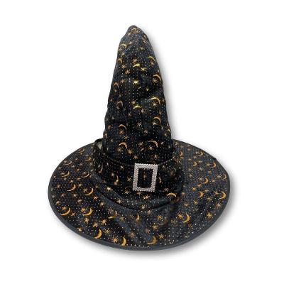 Chapéu De Bruxa Preto Com Estrelas E Lua Dourada Veludo