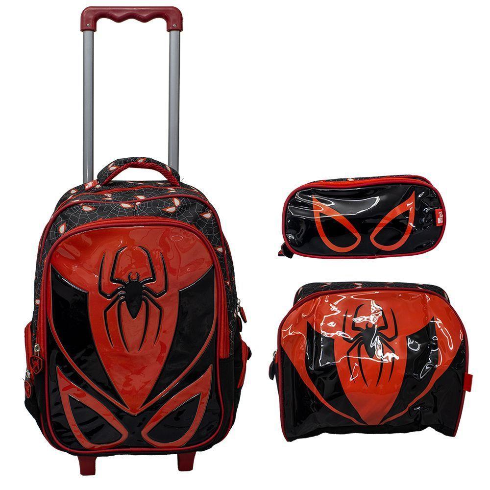 Kit Mochila Escolar Infantil De Rodinhas Com Lancheira E Estojo Yins Em Pvc 3d Kids Spider Preto - 1