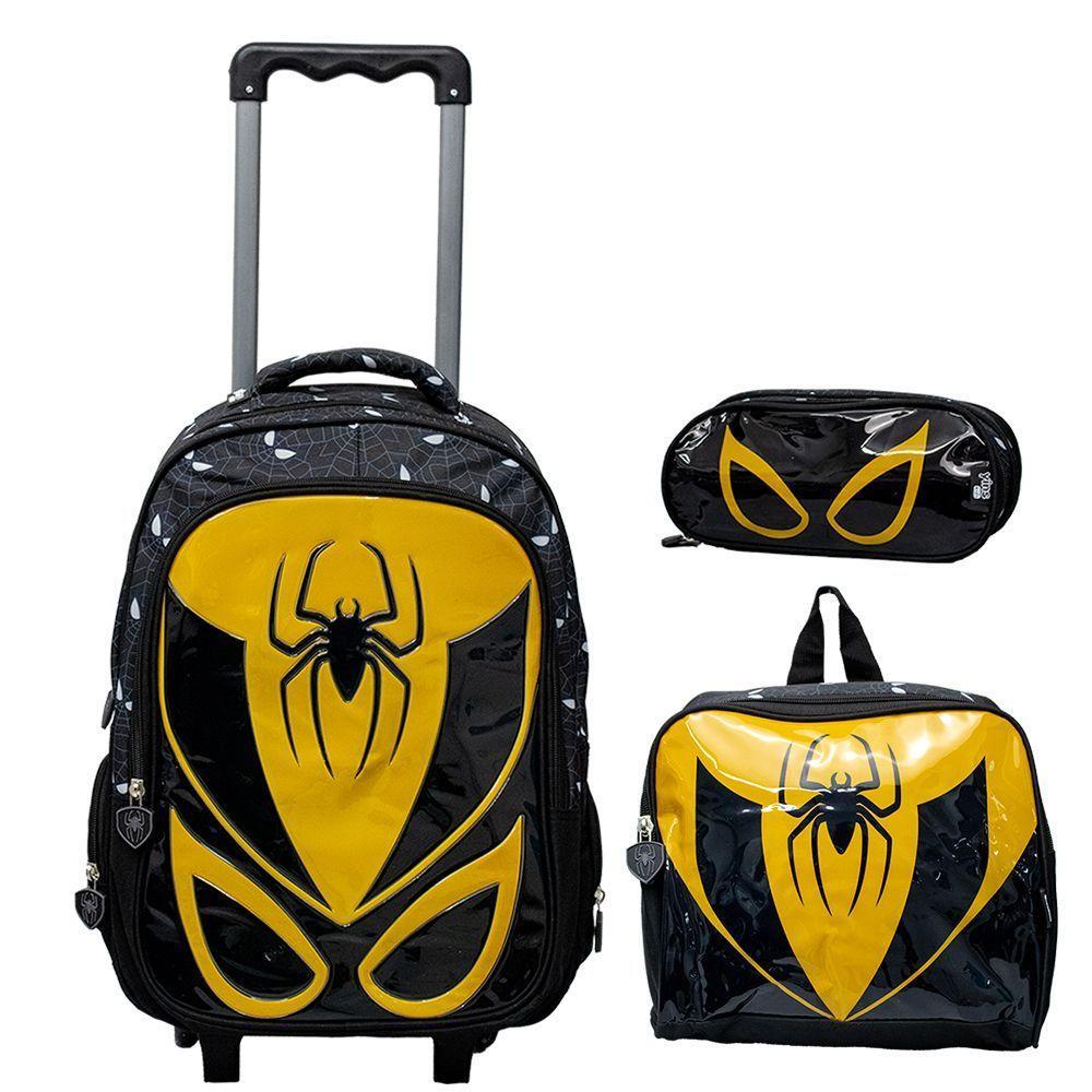 Kit Mochila Escolar Infantil De Rodinhas Com Lancheira E Estojo Yins Em Pvc 3d Kids Spider Amarelo - 1