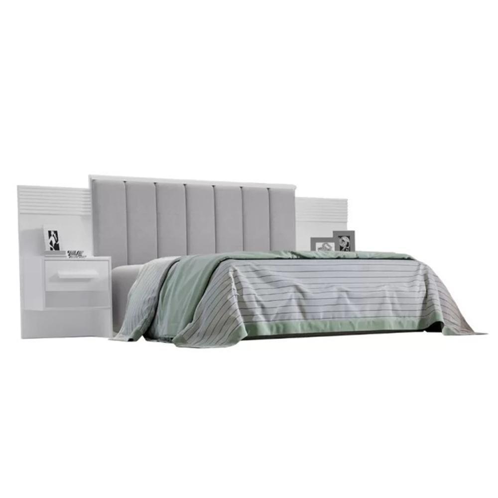 Cabeceira Queen íris Estofada Com 2 Mesas De Cabeceira D'doro Branco Ripado 1,60m - 1