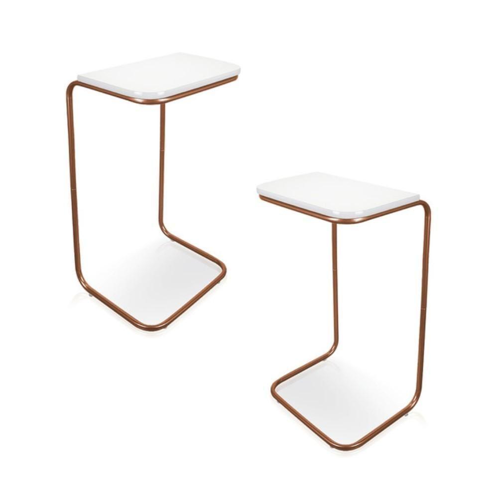 Conjunto 2 Mesas De Apoio Para Sofá Branco Base Em Metal Cobre - 1