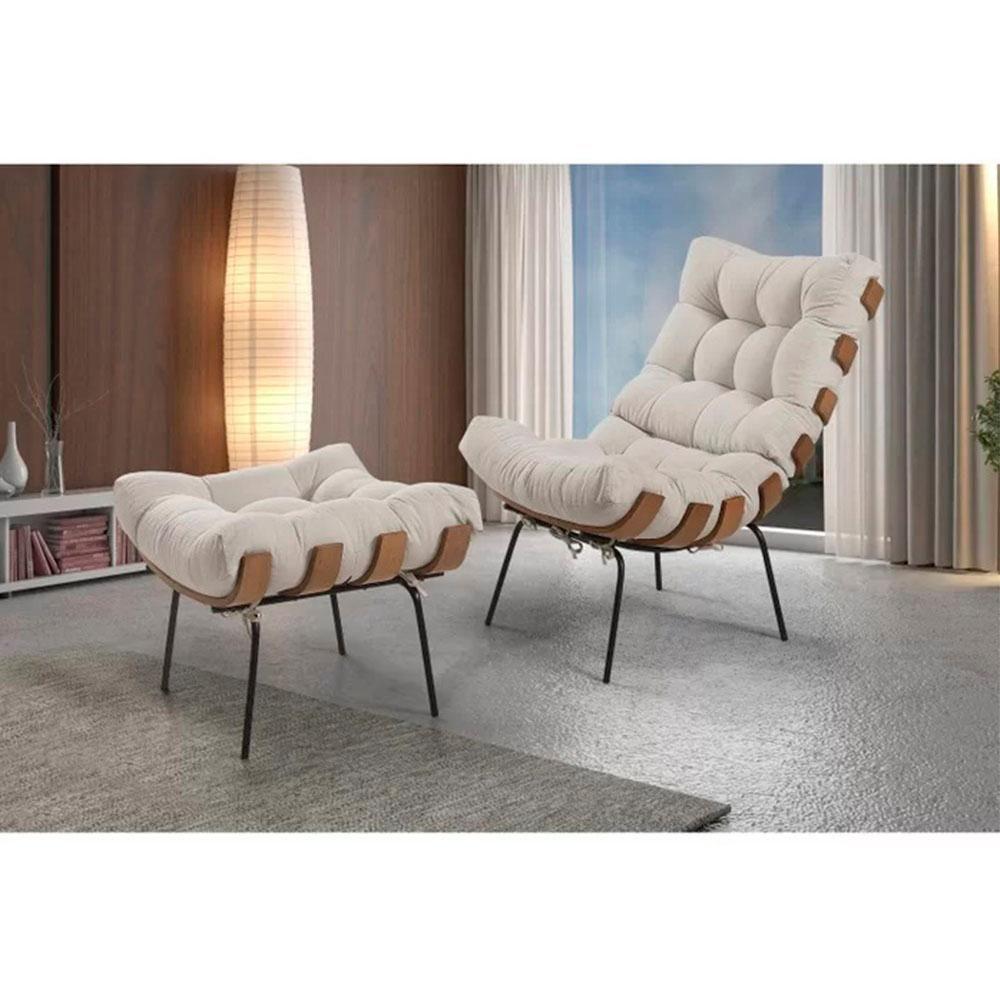 Poltrona Costela Com Puff Linho Off White - 6