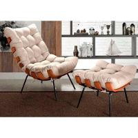 Conjunto Poltrona E Puff Costela Tecido Linho Bege - 2