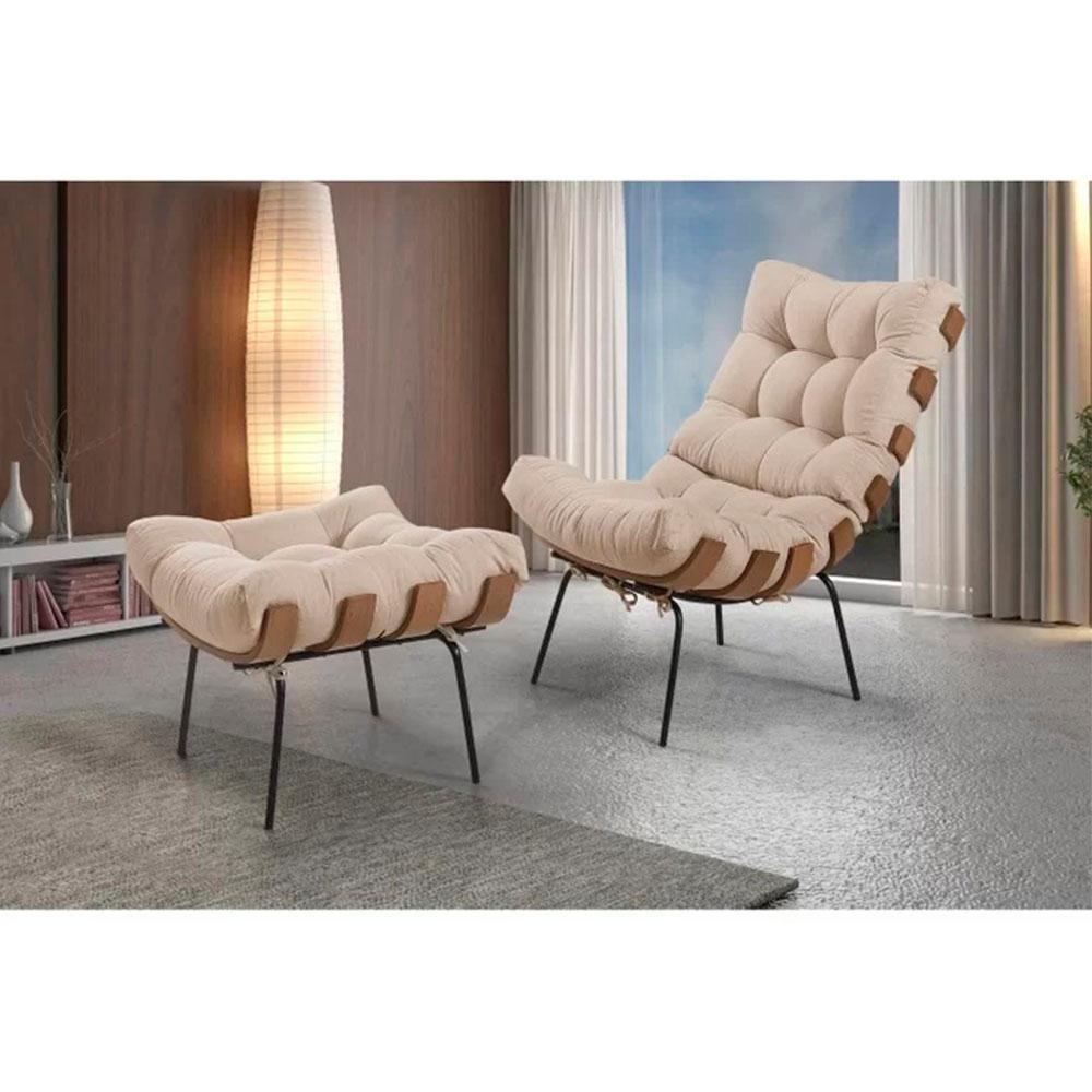 Poltrona Costela Com Puff Linho Bege - 6