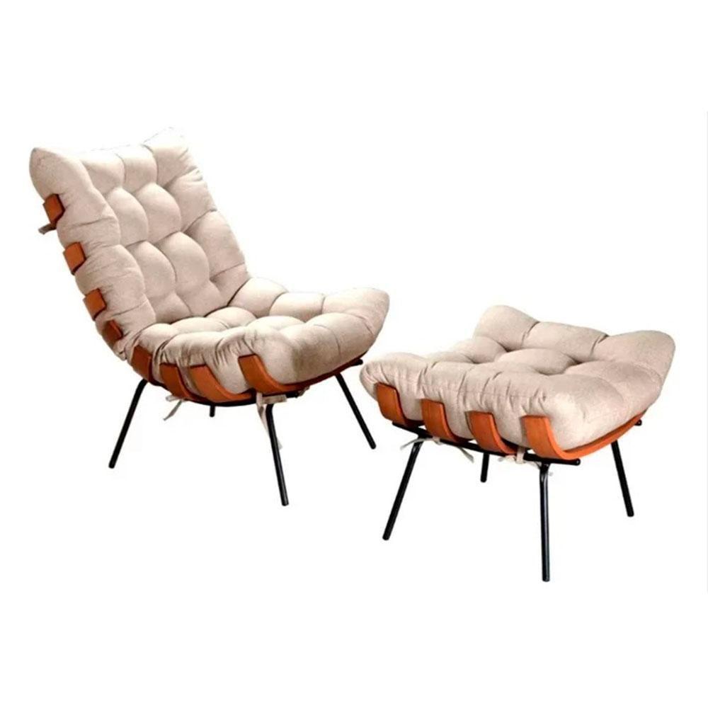 Poltrona Costela De Adão Com Puff Tecido Linho Off - 1