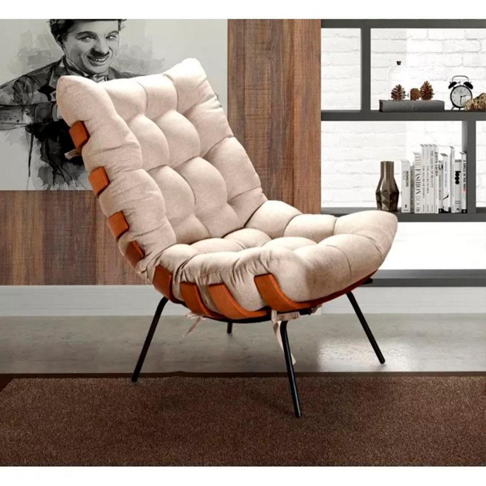 Poltrona Costela De Adão Com Puff Tecido Linho Off - 2