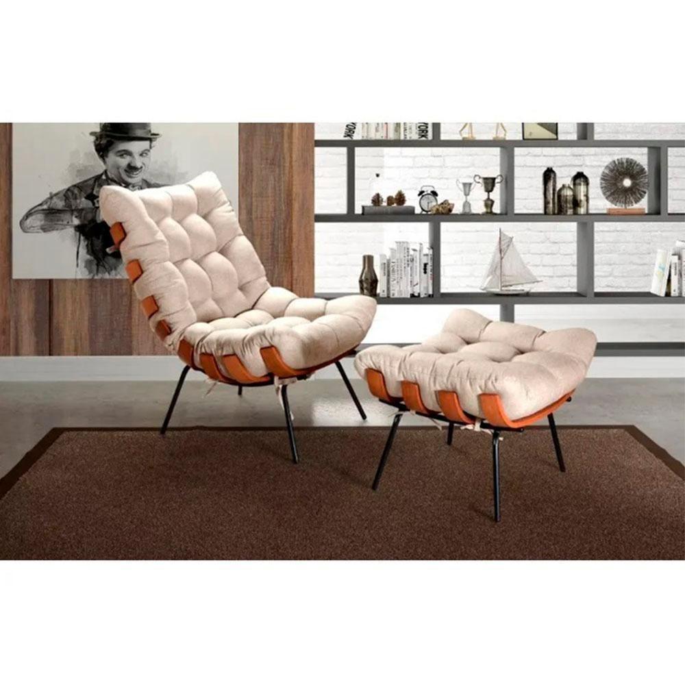 Poltrona Costela De Adão Com Puff Tecido Linho Off - 5