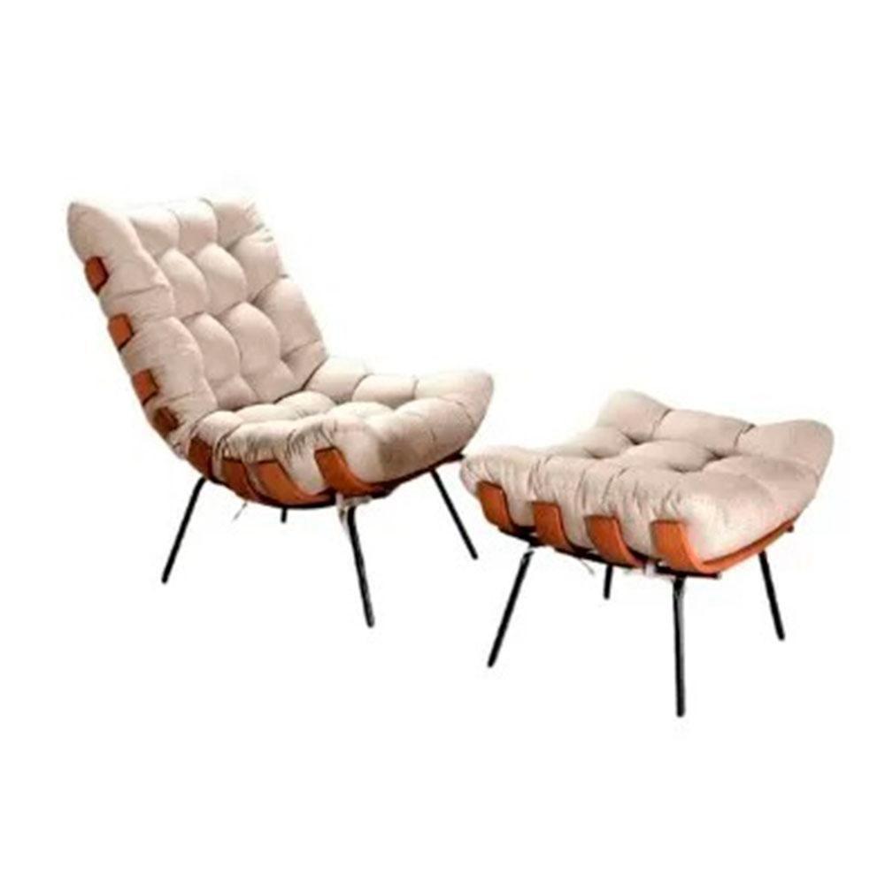 Poltrona Costela Com Puff Tecido Linho Off White - 1