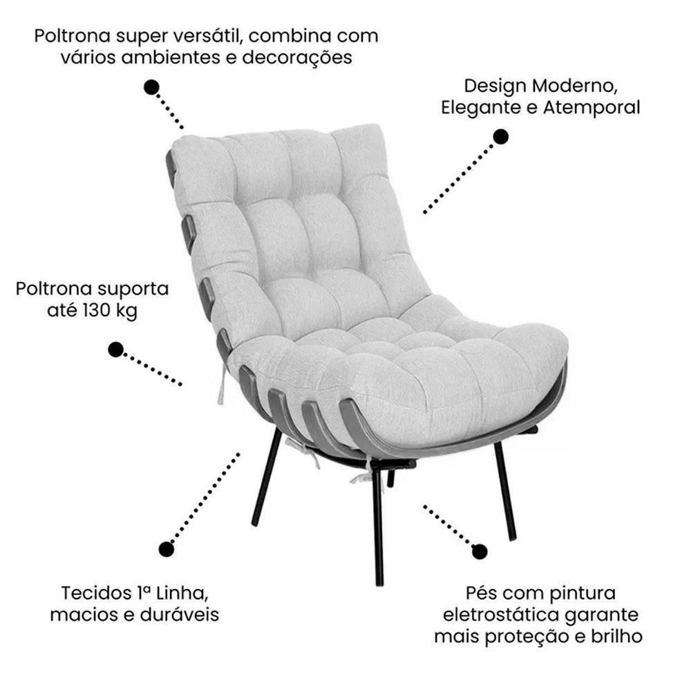 Poltrona Costela Com Puff Tecido Linho Off White - 2