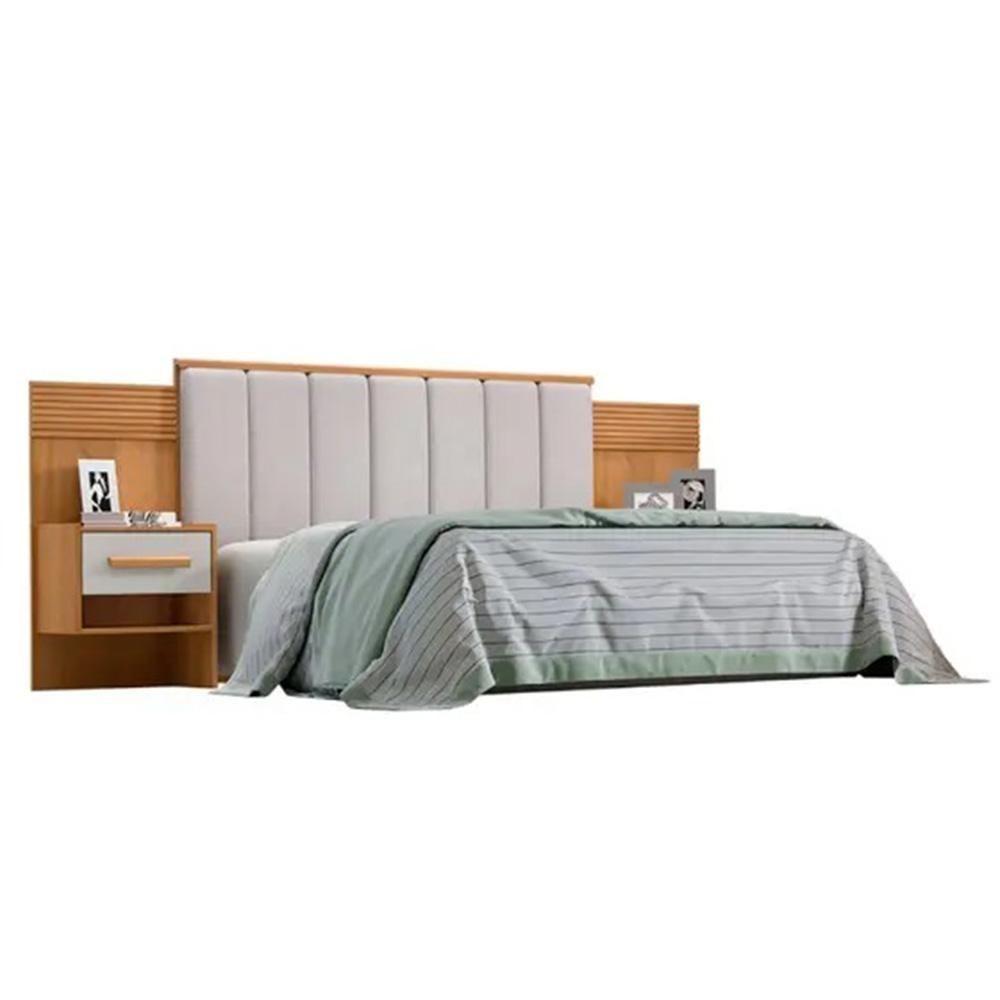Cabeceira Queen íris Estofada Com 2 Mesas De Cabeceira D'doro Cinamono Off White Ripado 1,60m - 1