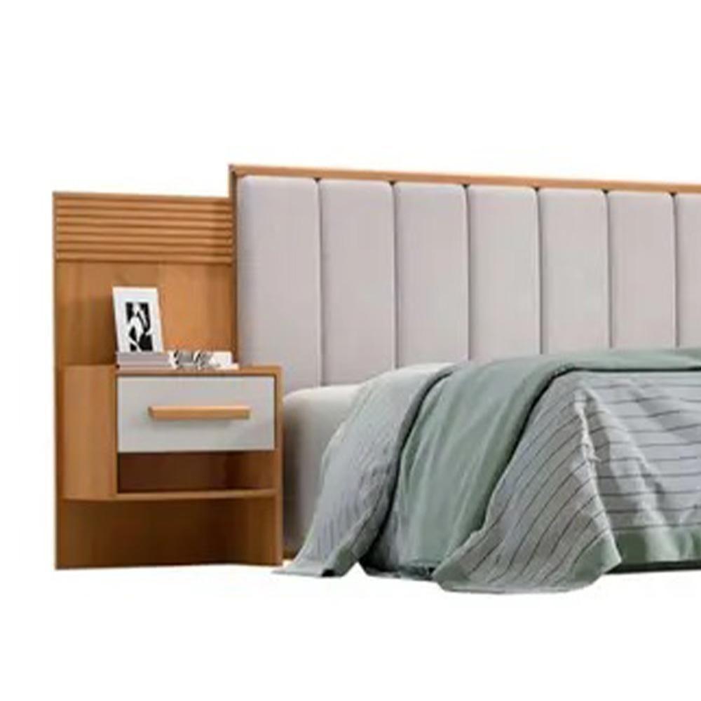 Cabeceira Queen íris Estofada Com 2 Mesas De Cabeceira D'doro Cinamono Off White Ripado 1,60m - 3