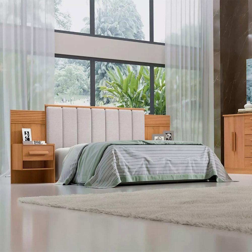 Cabeceira Queen íris Estofada Com 2 Mesas De Cabeceira D'doro Cinamono Ripado 1,60m - 2