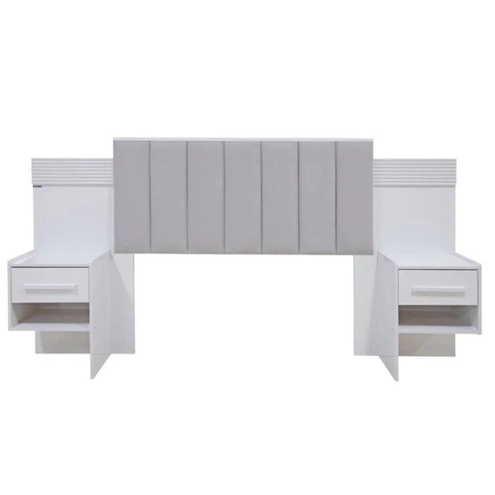 Cabeceira Casal íris Estofada Com 2 Mesas De Cabeceira D'doro Branco Ripado 1,40m - 3
