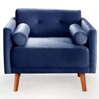 Poltrona Decorativa Luma Suede Azul Marinho Com Pés Em Madeira - 1