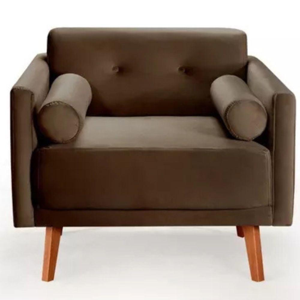 Poltrona Decorativa Luma Veludo Marrom Com Pés Em Madeira - 1