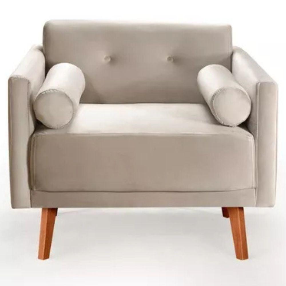 Poltrona Decorativa Luma Suede Bege Claro Com Pés Em Madeira - 1