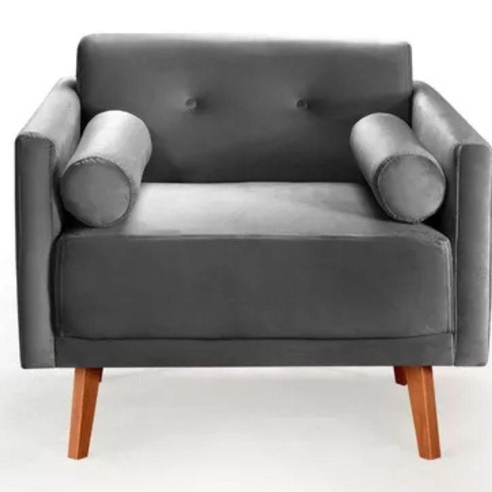 Poltrona Decorativa Luma Suede Cinza Grafite Com Pés Em Madeira - 1