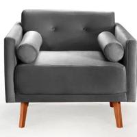 Poltrona Decorativa Luma Suede Cinza Grafite Com Pés Em Madeira - 1