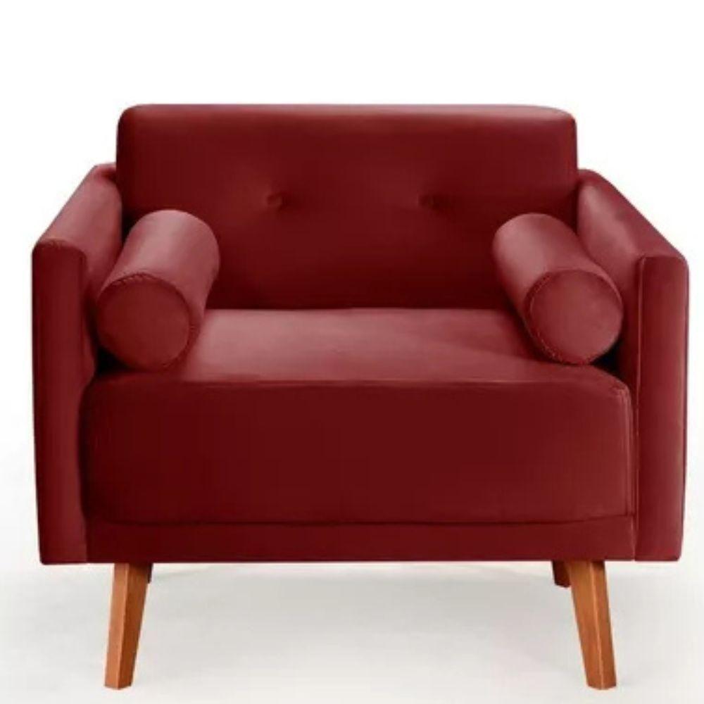 Poltrona Decorativa Luma Suede Bordô Com Pés Em Madeira - 1