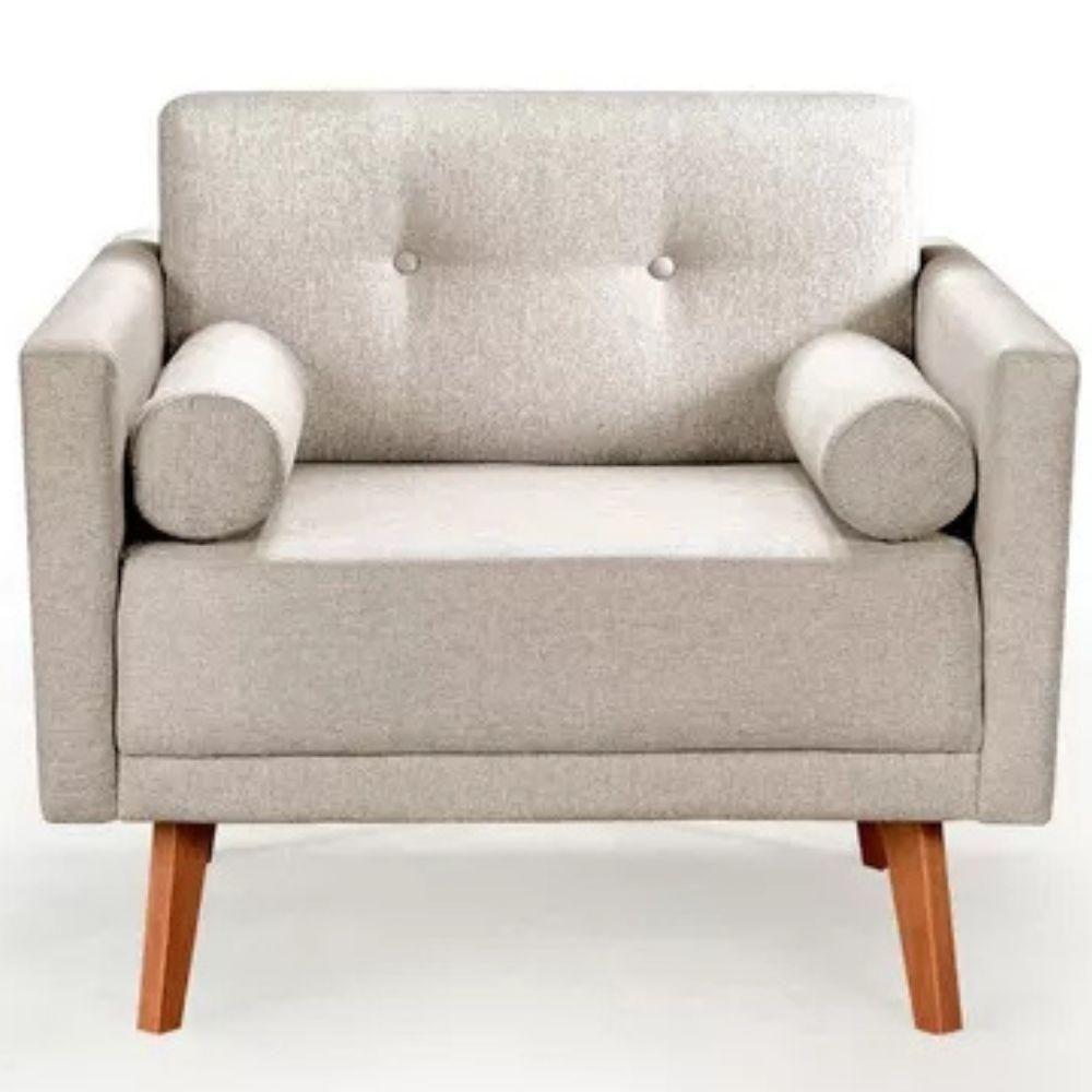 Poltrona Decorativa Luma Linho Bege Com Pés Em Madeira - 1