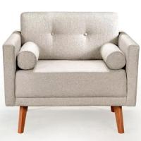 Poltrona Decorativa Luma Linho Bege Com Pés Em Madeira - 1