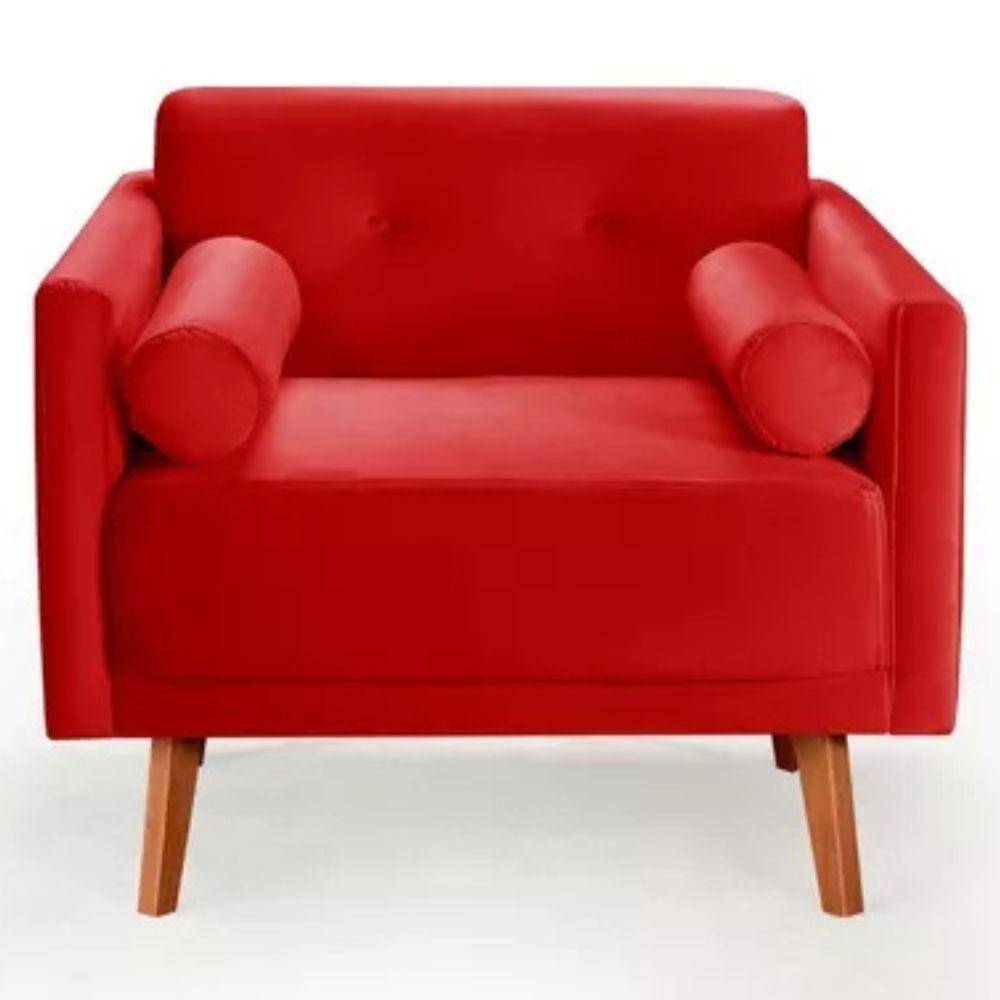 Poltrona Decorativa Luma Suede Vermelho Com Pés Em Madeira - 1