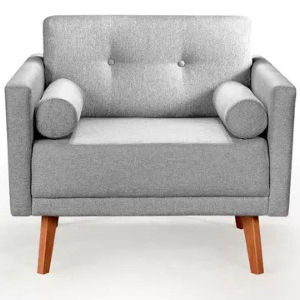Poltrona Decorativa Luma Linho Cinza Com Pés Em Madeira - 1