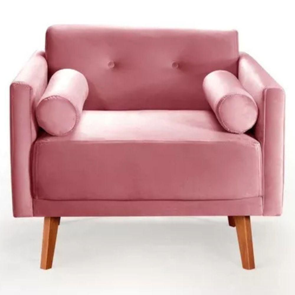 Poltrona Decorativa Luma Suede Rosa Com Pés Em Madeira - 1