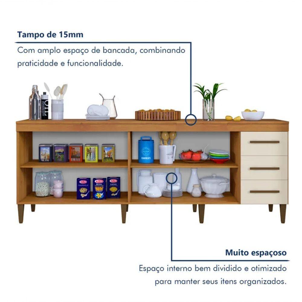 Balcão Atenas 4 Portas 3 Gavetas Kaiki Móveis - Nature/off - 5