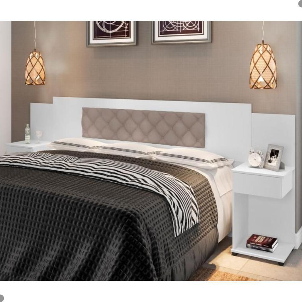 Cabeceira Box Bruna Branco Com Capitonê Bege Claro - 1