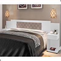 Cabeceira Box Bruna Branco Com Capitonê Bege Claro - 1