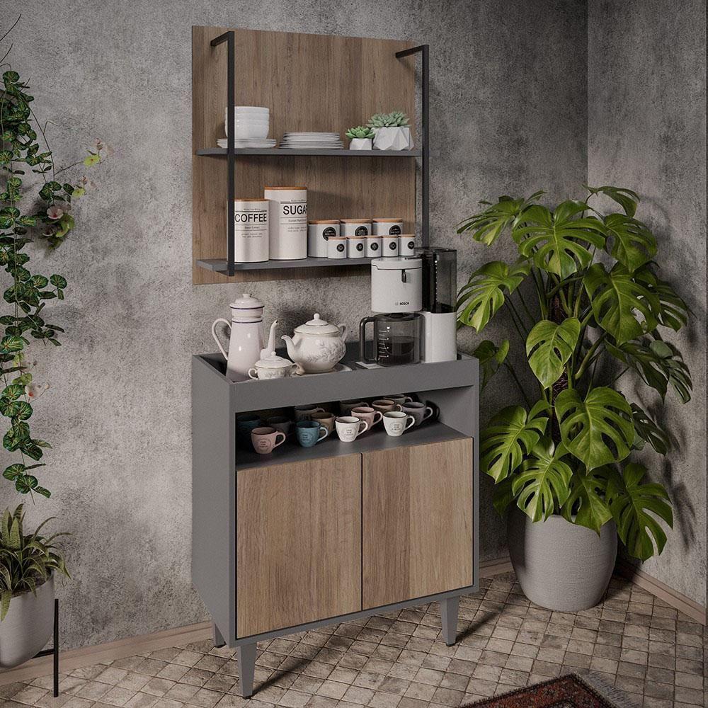 Aparador Cantinho Do Café E Painel 2 Prateleiras Flora Z34 Grafite-freijó - Mpozenato - 2