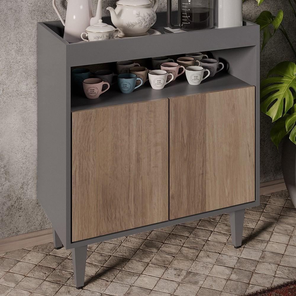 Aparador Cantinho Do Café E Painel 2 Prateleiras Flora Z34 Grafite-freijó - Mpozenato - 6