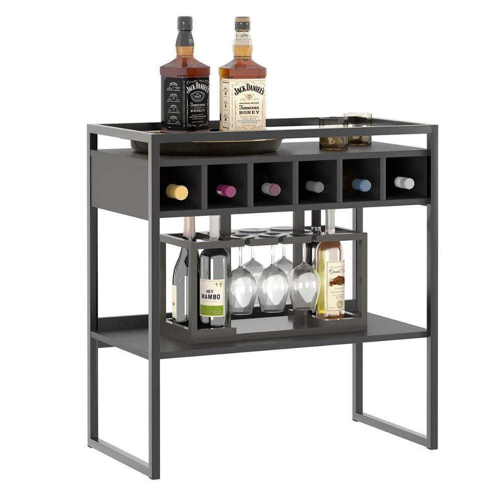 Aparador Adega Bar Preto Onix Com Prateleira E Nichos Para Vinhos - Pleno - 2