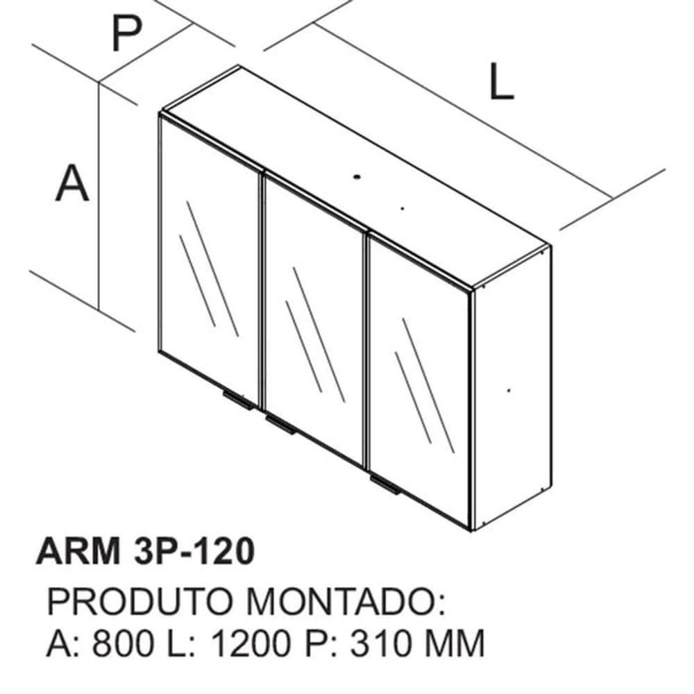 Armário 120cm 3 Portas De Vidro Mdf Dobradiças Slow Motion Lumina - Itatiaia Grafite-fendi - 2