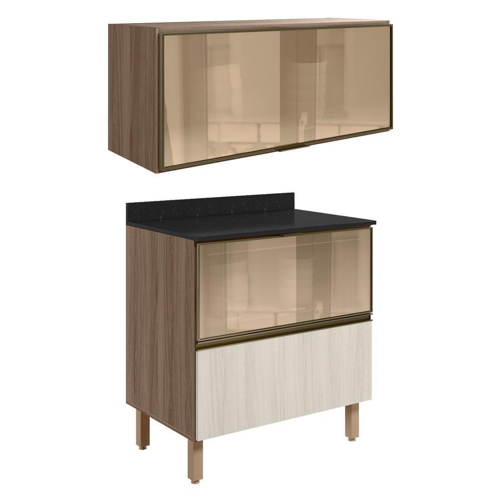 Armario Aereo E Balcao 1 Porta 2 Gavetas Vidro Mdf Kali Nicioli Carvalho Toq Bianco Toq - 1