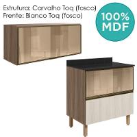 Armario Aereo E Balcao 1 Porta 2 Gavetas Vidro Mdf Kali Nicioli Carvalho Toq Bianco Toq