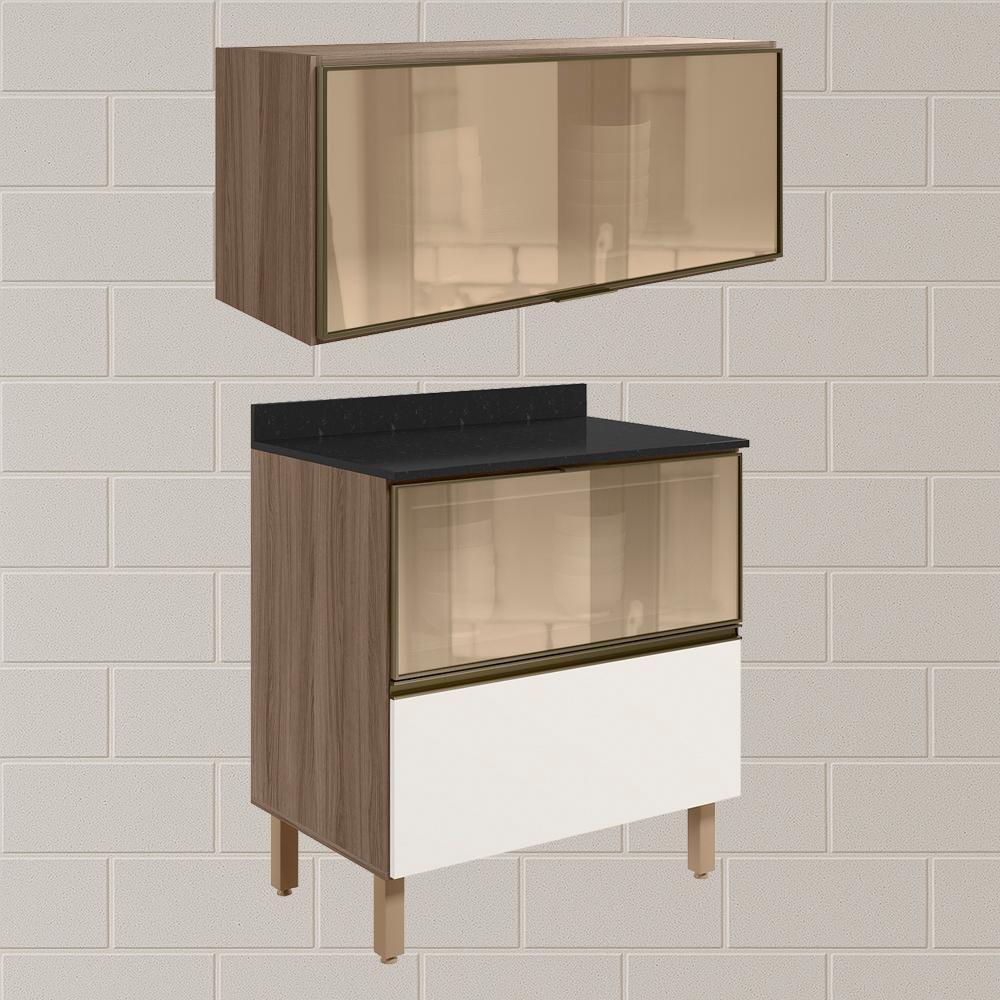 Armario Aereo E Balcao 1 Porta 2 Gavetas Vidro Mdf Kali Nicioli Carvalho Toq Off White Cetim - 2