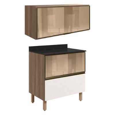 Armario Aereo E Balcao 1 Porta 2 Gavetas Vidro Mdf Kali Nicioli Carvalho Toq Off White Cetim