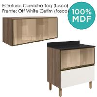 Armario Aereo E Balcao 1 Porta 2 Gavetas Vidro Mdf Kali Nicioli Carvalho Toq Off White Cetim