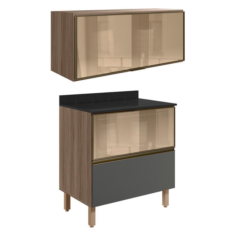 Armario Aereo E Balcao 1 Porta 2 Gavetas Vidro Mdf Kali Nicioli Carvalho Toq Chumbo - 1