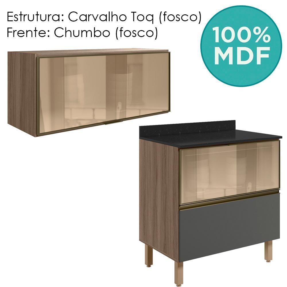 Armario Aereo E Balcao 1 Porta 2 Gavetas Vidro Mdf Kali Nicioli Carvalho Toq Chumbo - 4