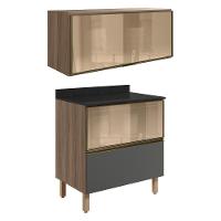 Armario Aereo E Balcao 1 Porta 2 Gavetas Vidro Mdf Kali Nicioli Carvalho Toq Chumbo - 1