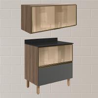 Armario Aereo E Balcao 1 Porta 2 Gavetas Vidro Mdf Kali Nicioli Carvalho Toq Chumbo - 2